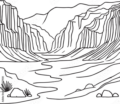 Canyon and Mountain Desert Landscape Simple Line Art on Clean White Background