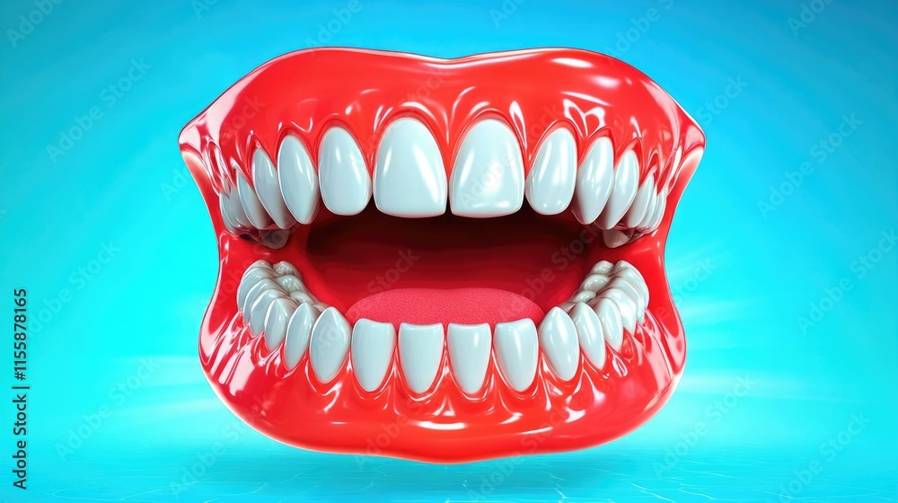 Naklejka premium Animated Red Mouth with White Teeth on Blue Background