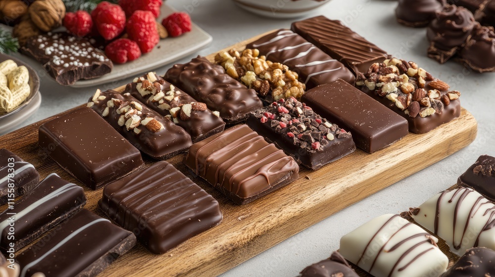 Artfully Arranged Assorted Chocolate Bars with Nuts and Candies on a Rustic Wooden Serving Board Artfully Arranged Assorted Chocolate Bars with Nuts and Candies on a Rustic Wooden Serving Board