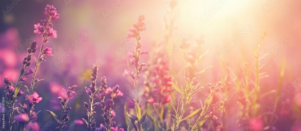 Fototapeta premium Vibrant wildflowers in a sunlit summer meadow creating a serene backdrop ideal for wallpapers or work environments with empty text space