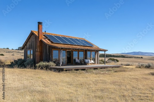 Sustainable wooden cabin with solar panels in a vast field under clear blue sky