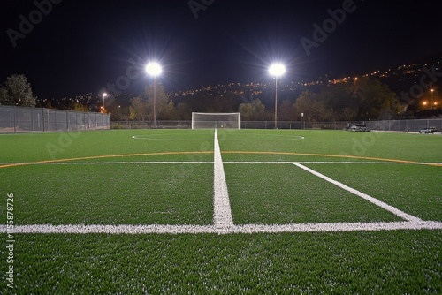 Scenic soccer goal surrounded by mountains and a tranquil lake under clear bl...