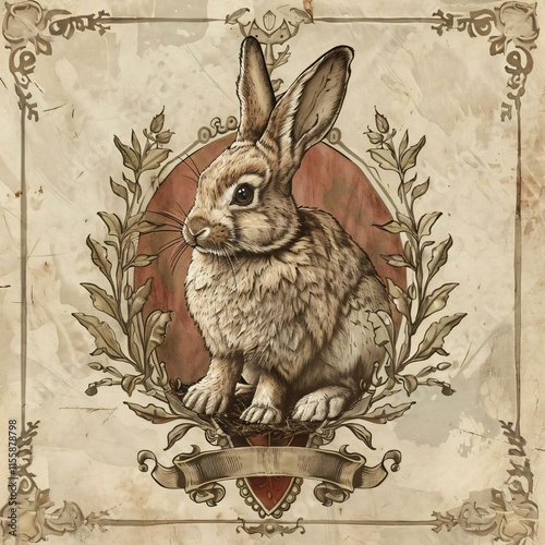 Charming heraldicstyle illustration baby rabbit surrounded floral motif set against textured beige background exudes gentle curiosity elegance photo