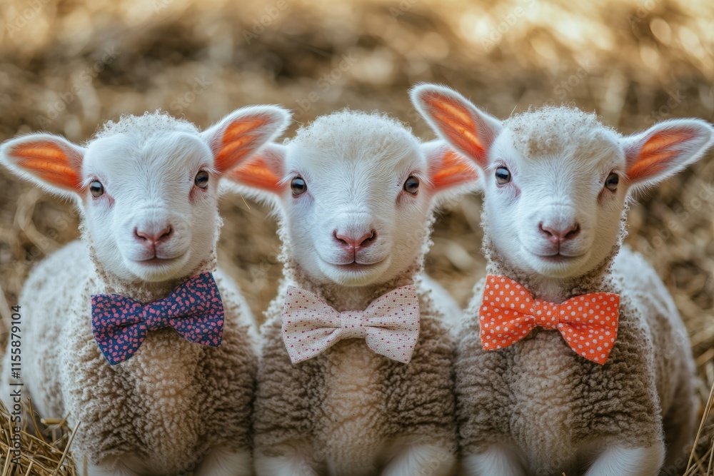 Fototapeta premium Charming Lambs Sporting Bowties on the Farm with Room for Text