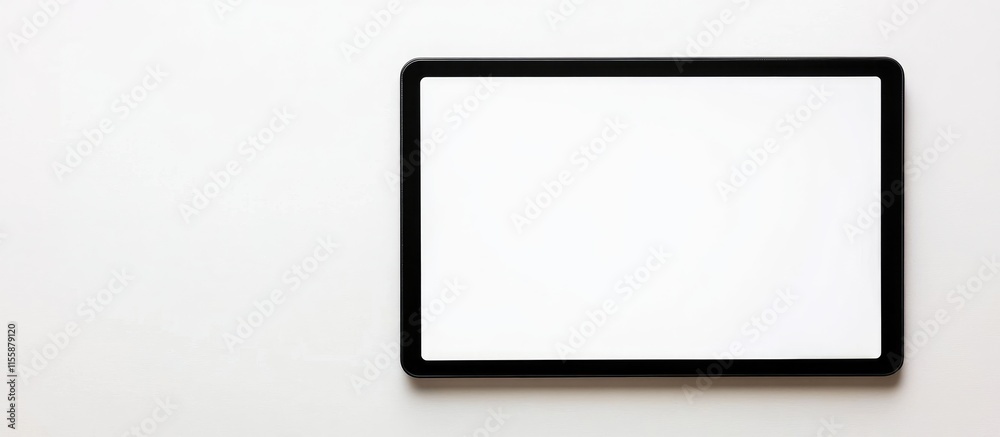 Black digital tablet on a white background with ample copyspace for text and design elements for creative projects or advertising purposes Black digital tablet on a white background with ample copyspace for text and design elements for creative projects or advertising purposes
