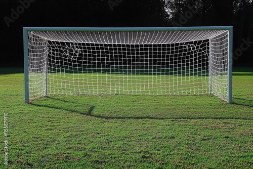 Scenic soccer goal surrounded by mountains and a tranquil lake under clear bl...