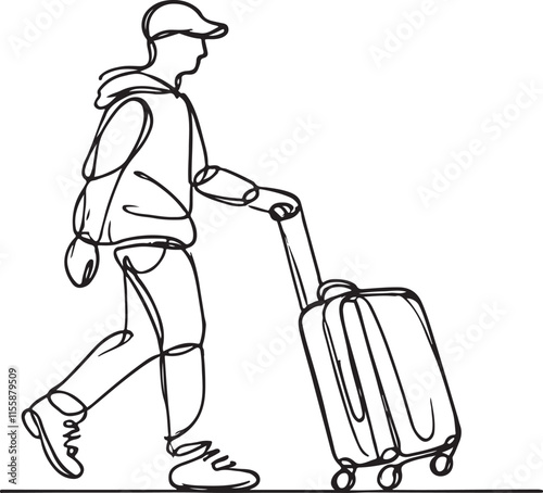 Clean and Elegant Line Drawing of a Traveler with a Suitcase