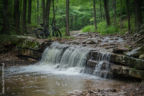Water flowing through stone entrance surrounded by lush ferns in a forest set...