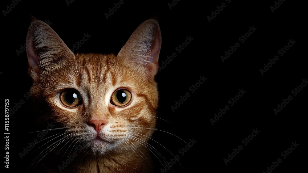 Close up of a curious ginger tabby cat peeking from a dark background with space for text or advertising content Close up of a curious ginger tabby cat peeking from a dark background with space for text or advertising content