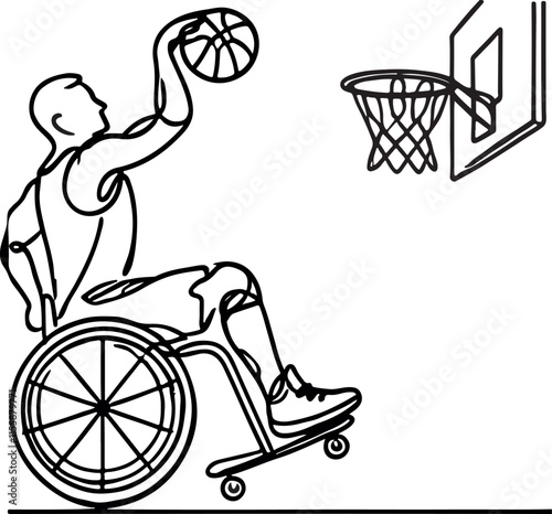 Wheelchair Basketball in Line Art A Minimalist Approach on White Background