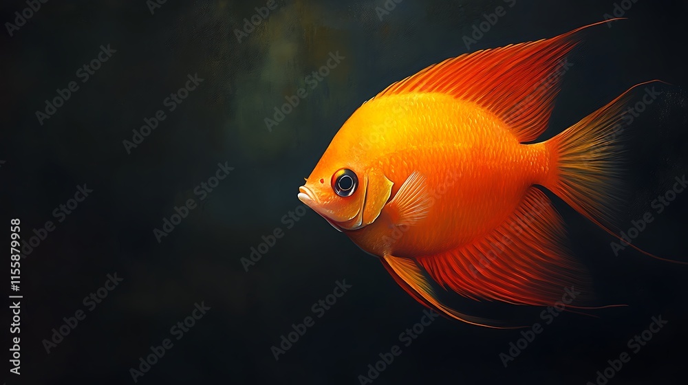 Generate an image of an orange discus fish swimming through dark, shadowy water Generate an image of an orange discus fish swimming through dark, shadowy water