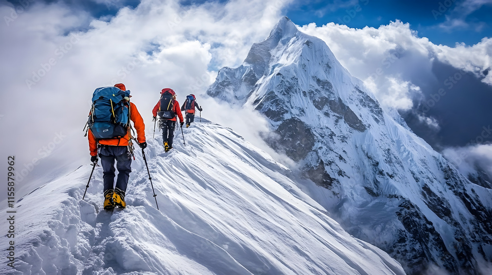Climbers ascend a snow-covered Himalayan peak, facing a challenging, extreme adventure. Climbers ascend a snow-covered Himalayan peak, facing a challenging, extreme adventure.