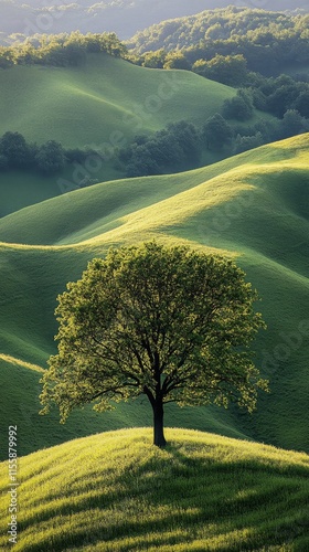 Lone tree standing atop rolling green hills during daylight in a serene lands...