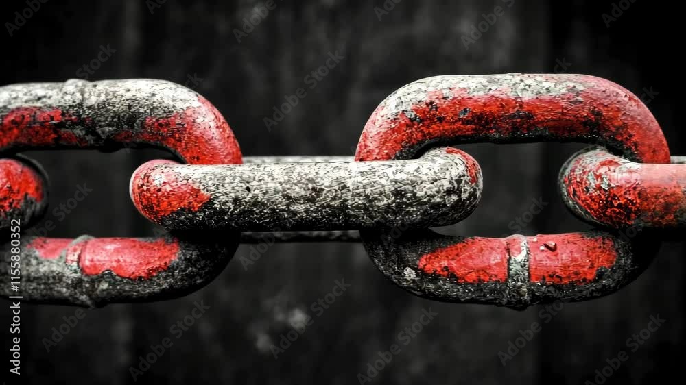 Close-up of weathered metal chain link with red accents against a dark background Close-up of weathered metal chain link with red accents against a dark background