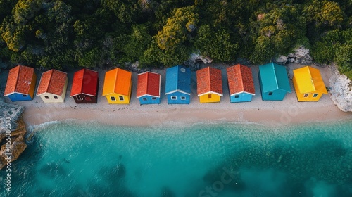 Colorful beach huts lined along the coast near a cliff during a cloudy day