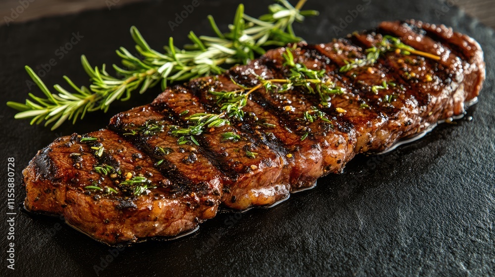 Grilled beef steak garnished with fresh herbs on a dark slate surface showcasing rich textures and flavors with space for text. Grilled beef steak garnished with fresh herbs on a dark slate surface showcasing rich textures and flavors with space for text.