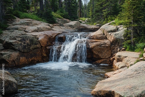 Water flowing through stone entrance surrounded by lush ferns in a forest set...