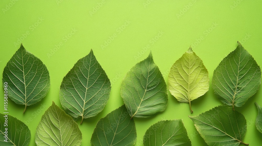 Close up of vibrant green leaves arranged on a bright green background with ample space for text or graphic design elements Close up of vibrant green leaves arranged on a bright green background with ample space for text or graphic design elements