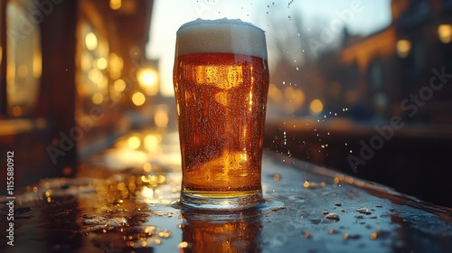 Chilling beer poured into a frosty glass at a cozy bar in the evening