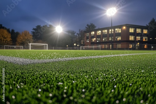 Brightly lit soccer field at sunset with vibrant sky and lush green grass