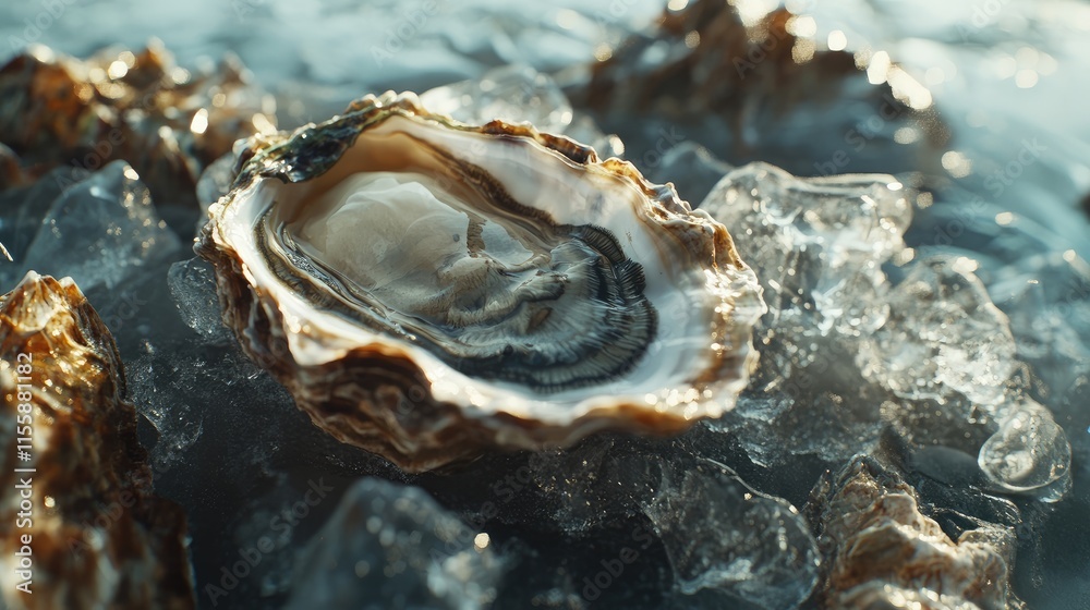 Fresh oyster on ice with focus on its intricate shell details and empty space for text, ideal for seafood promotions or culinary designs Fresh oyster on ice with focus on its intricate shell details and empty space for text, ideal for seafood promotions or culinary designs