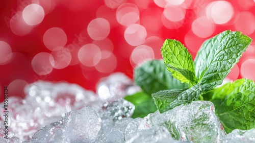 Fresh mint leaves and ice cubes with red bokeh background creating an inviting space for text and branding opportunities photo