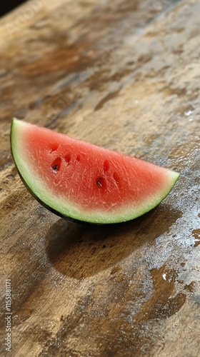 Freshly cut triangular watermelon slice on wooden table during sunset in a se...