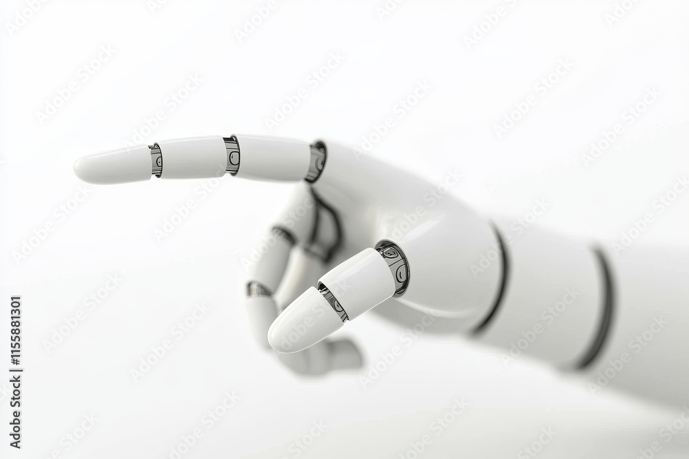 A white cyborg robotic hand, isolated against a free PNG background, is rendered in 3D and pointing its finger A white cyborg robotic hand, isolated against a free PNG background, is rendered in 3D and pointing its finger