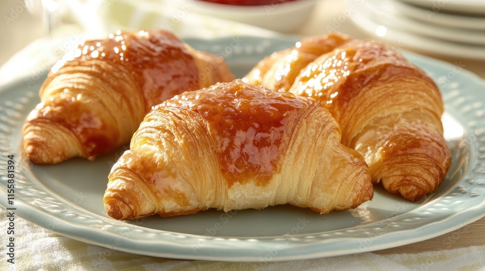 Assorted Croissants Glazed with Jam on a Pale Plate Perfect for Breakfast or Brunch Showcasing Sunlit Dreamy Textures and Warming Colors Assorted Croissants Glazed with Jam on a Pale Plate Perfect for Breakfast or Brunch Showcasing Sunlit Dreamy Textures and Warming Colors