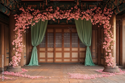 Korean palace wedding backdrop, ultra-realistic style, pastel colors, romantic photography setting photo