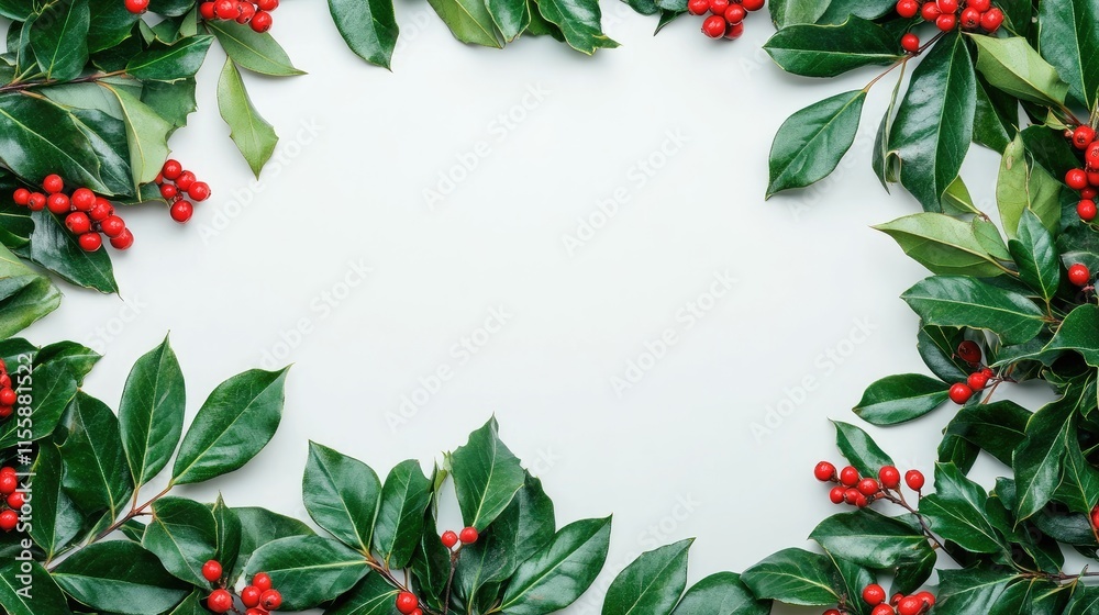 Fototapeta premium Close up of holly bush featuring vibrant red berries and lush green leaves framed by empty space for seasonal or festive text