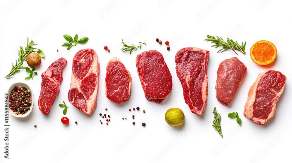 Assorted Fresh Raw Steak Cuts with Herbs and Citrus on White Background for Culinary Presentation and Food Photography Assorted Fresh Raw Steak Cuts with Herbs and Citrus on White Background for Culinary Presentation and Food Photography