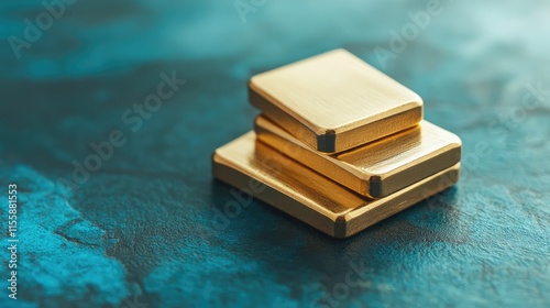 Close up of metallic gold bars stacked on a textured background with neodymium magnets and space for text or promotional content photo