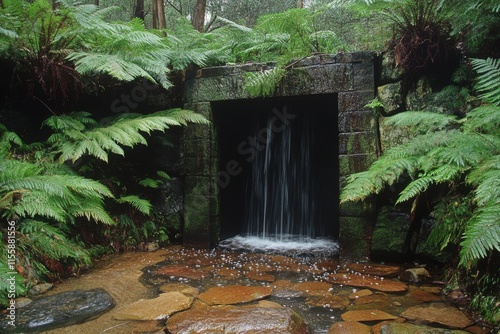 Water flowing through stone entrance surrounded by lush ferns in a forest set...