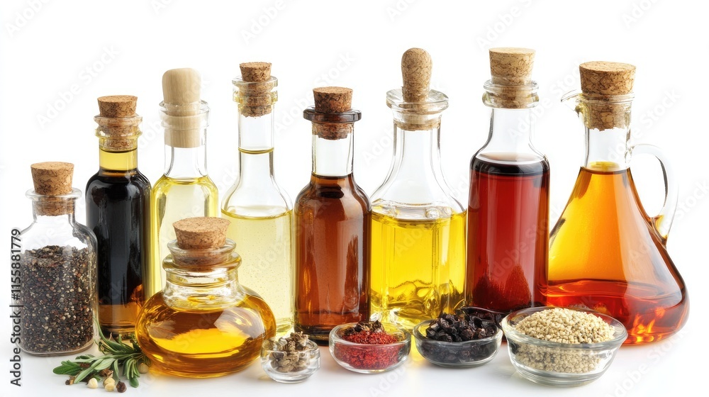 Assorted glass bottles of oils and spices arranged aesthetically on a white background for culinary or wellness themes Assorted glass bottles of oils and spices arranged aesthetically on a white background for culinary or wellness themes