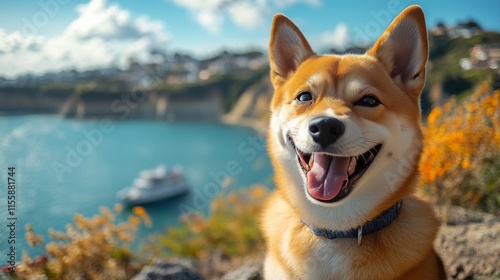 Shiba Inu gazes over misty lake at dawn surrounded by autumn foliage