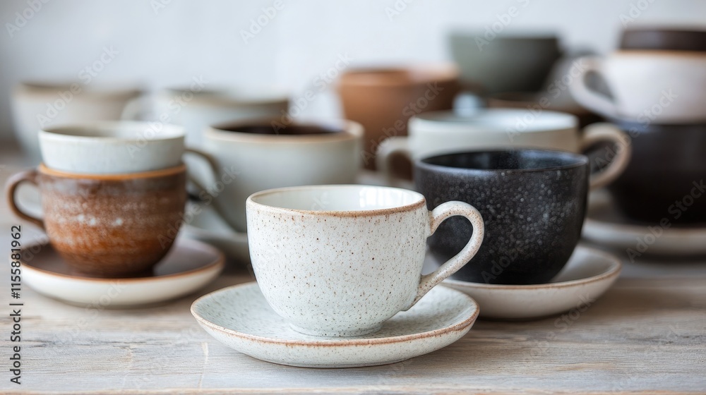 Assorted handcrafted ceramic cups with matching saucers arranged on a table showcasing unique textures and earthy tones Assorted handcrafted ceramic cups with matching saucers arranged on a table showcasing unique textures and earthy tones