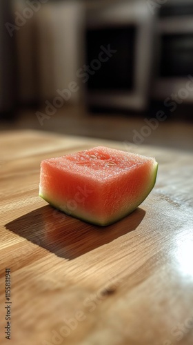 Freshly cut triangular watermelon slice on wooden table during sunset in a se...
