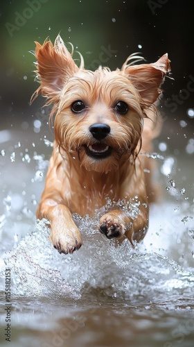 Brown dog joyfully splashing in water during sunny afternoon play time