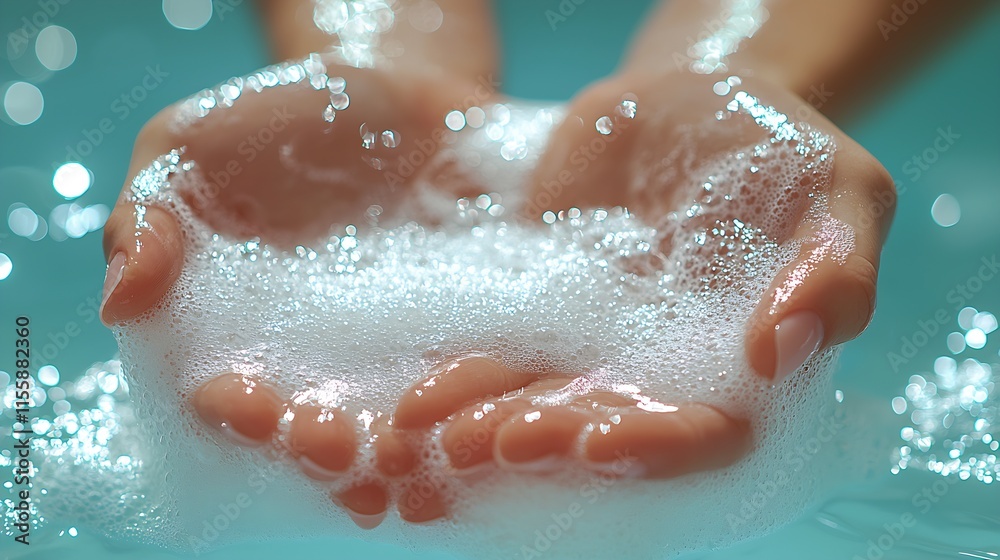 Fototapeta premium Calming image of cupped hands holding frothy soap bubbles against blue water : Generative AI