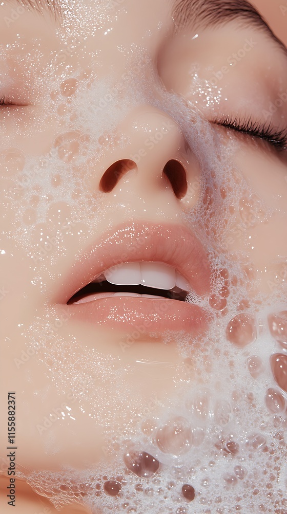 Close-up of a serene face with soap bubbles for skincare and beauty concept : Generative AI Close-up of a serene face with soap bubbles for skincare and beauty concept : Generative AI