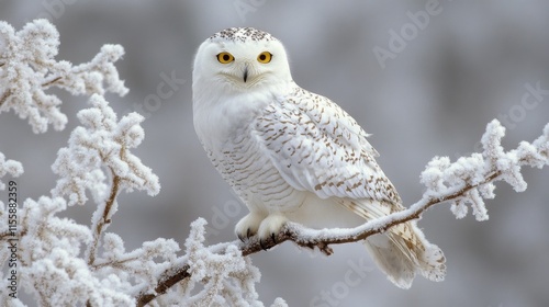 Snowy owl perched among snowy branches on a winter day