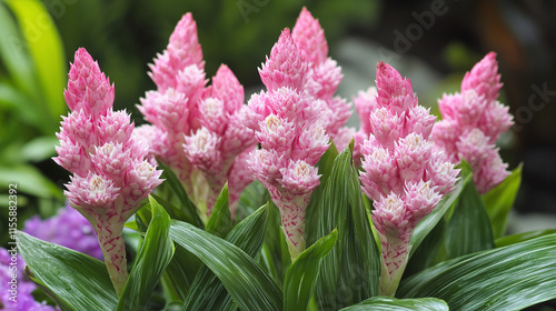 Closeup of pink red ginger flower plant in nature. exotic alpinia purpurata blossom in tropical jungle garden, summer spring natural beauty, wallpaper. photo