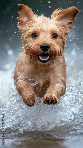 Brown dog joyfully splashing in water during sunny afternoon play time