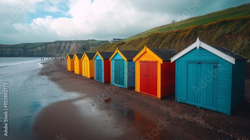 Colorful beach huts lined along the coast near a cliff during a cloudy day
