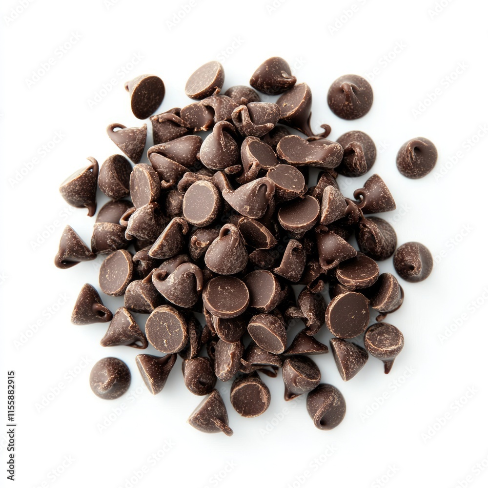 Delightful Pile of Chocolate Chip Morsels from Top View on a White Background Delightful Pile of Chocolate Chip Morsels from Top View on a White Background