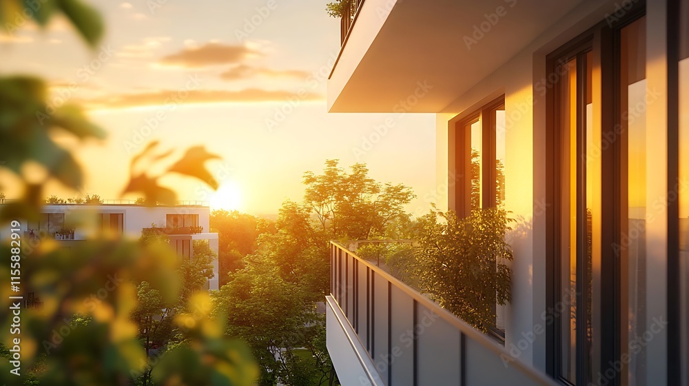 Fototapeta premium Modern Architectural Apartment Balcony with Scenic Sunset View : Generative AI