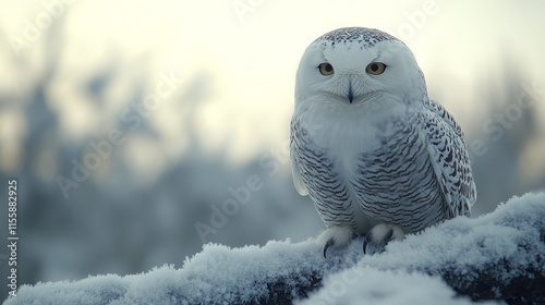 Snowy owl perched among snowy branches on a winter day