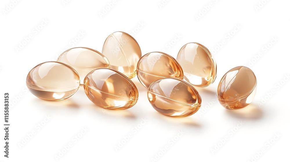 Illustrate a group of fish oil capsules, featuring omega-3 with EPA and DHA, set against a white background Illustrate a group of fish oil capsules, featuring omega-3 with EPA and DHA, set against a white background