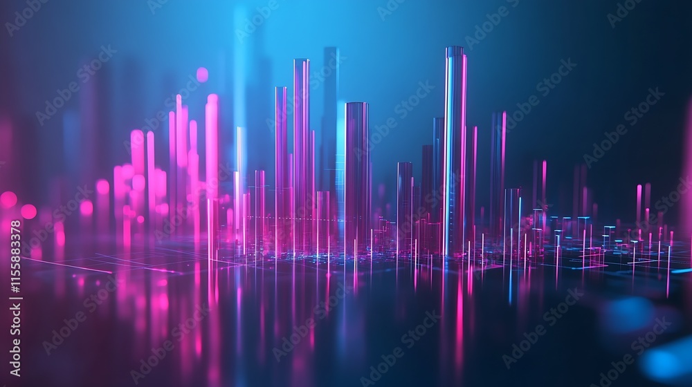 Abstract Neon Pink and Blue Digital Bars on Reflective Surface Representing Data Visualization : Generative AI Abstract Neon Pink and Blue Digital Bars on Reflective Surface Representing Data Visualization : Generative AI